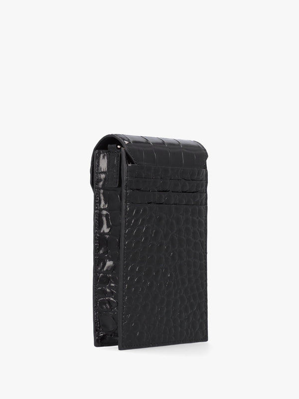 Black Embossed Croc Leather Phone Bag