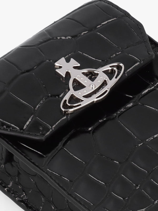 Black Embossed Croc Leather Phone Bag