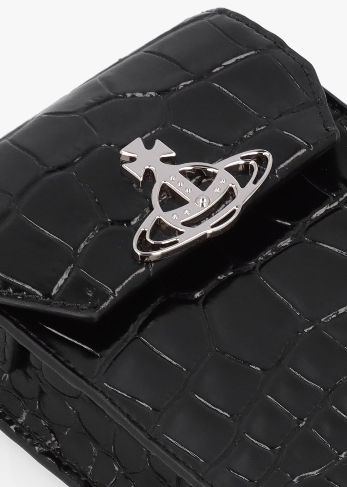 Black Embossed Croc Leather Phone Bag