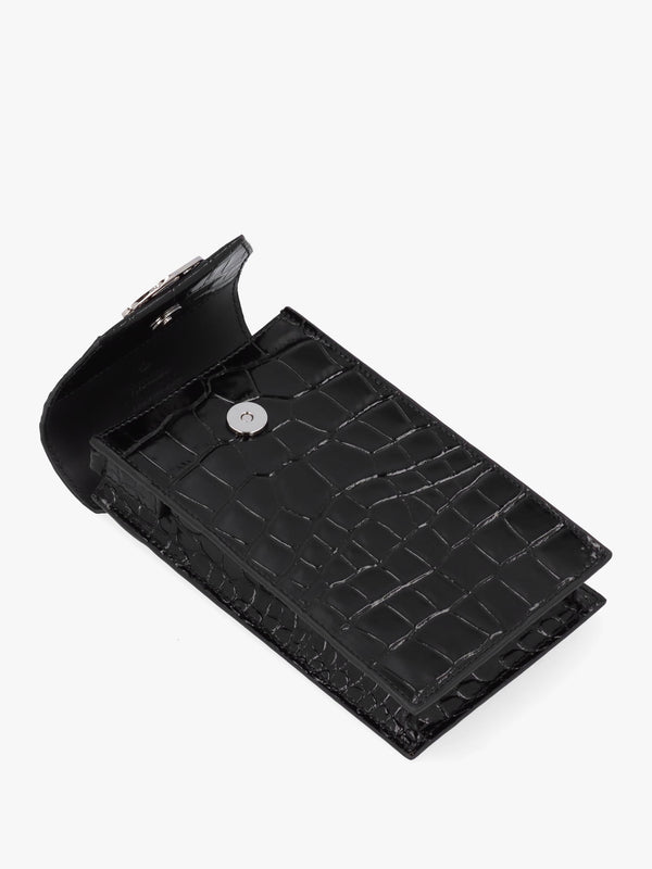 Black Embossed Croc Leather Phone Bag