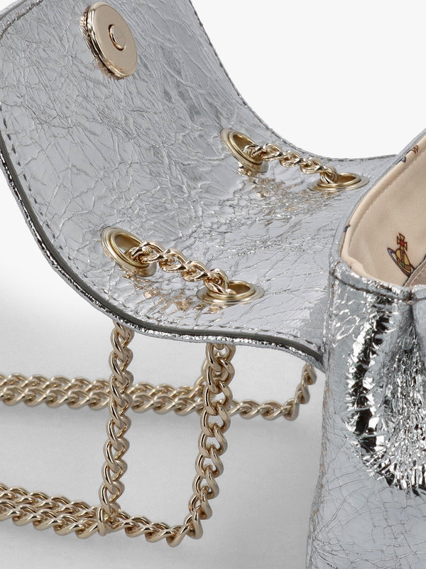 Small Silver Metallic Crinkle Leather Purse On A Chain