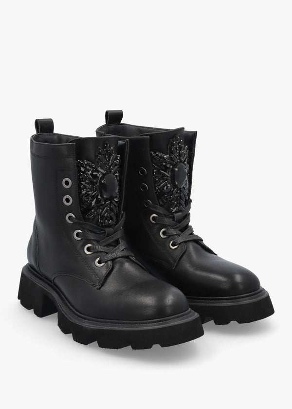 Amari Black Leather Embellished Ankle Boots