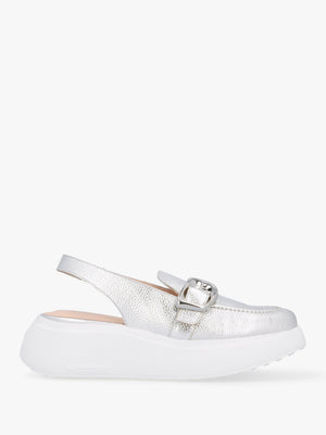 Acalia Silver Leather Chunky Low Wedge Sling Backs