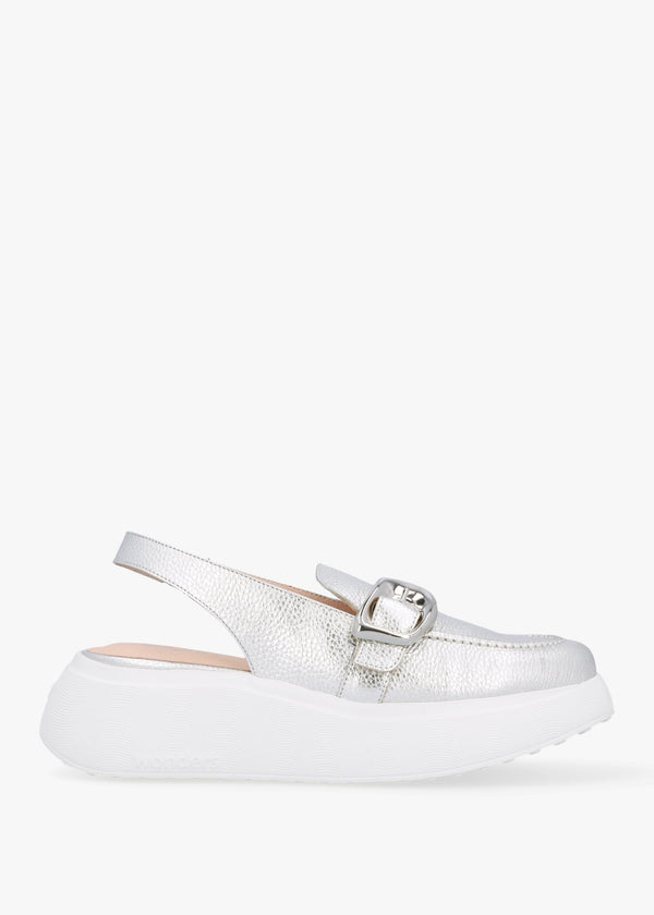 Acalia Silver Leather Chunky Low Wedge Sling Backs