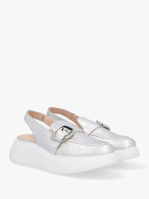Acalia Silver Leather Chunky Low Wedge Sling Backs
