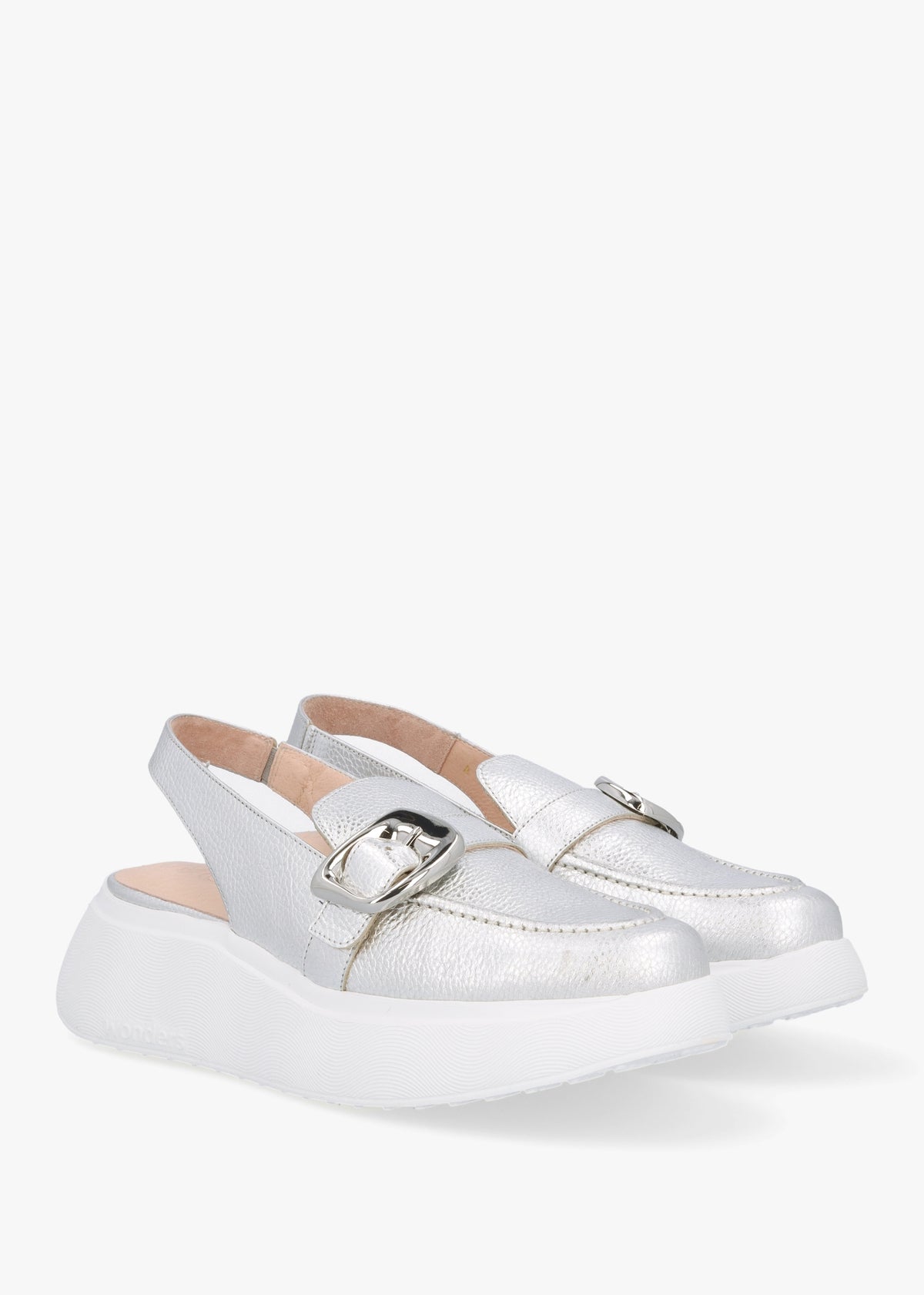 Acalia Silver Leather Chunky Low Wedge Sling Backs