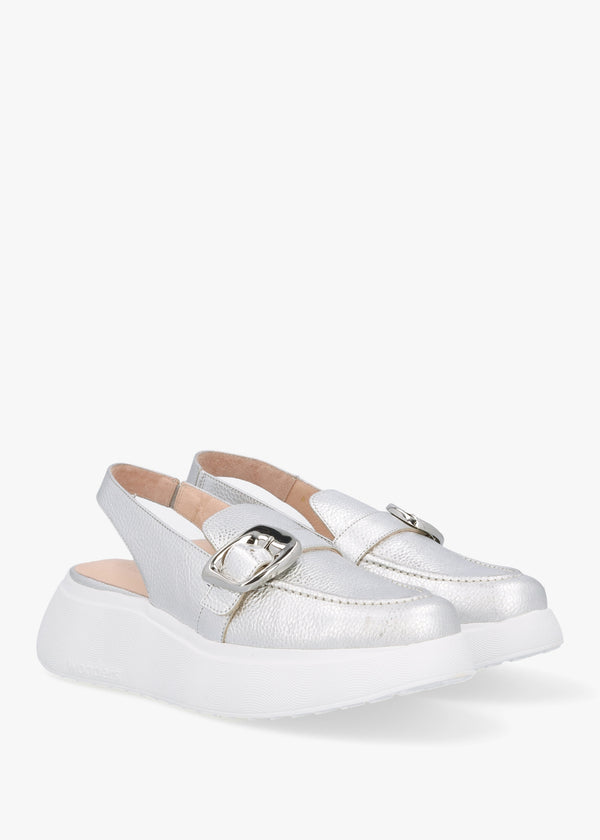 Acalia Silver Leather Chunky Low Wedge Sling Backs