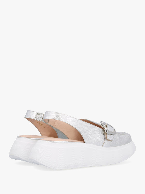 Acalia Silver Leather Chunky Low Wedge Sling Backs