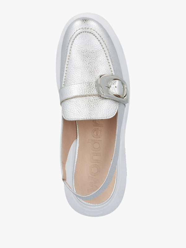 Acalia Silver Leather Chunky Low Wedge Sling Backs