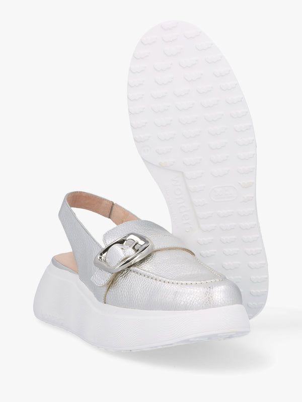 Acalia Silver Leather Chunky Low Wedge Sling Backs