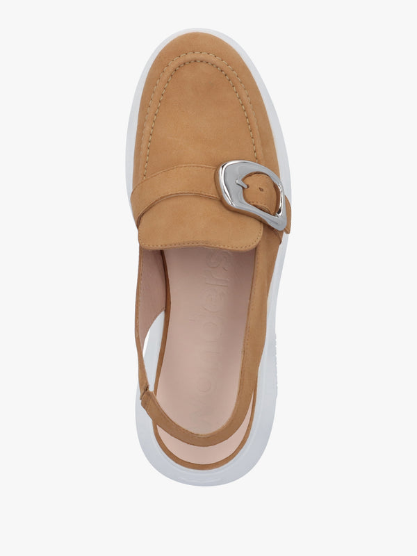 Acalia Tan Suede Chunky Low Wedge Sling Backs