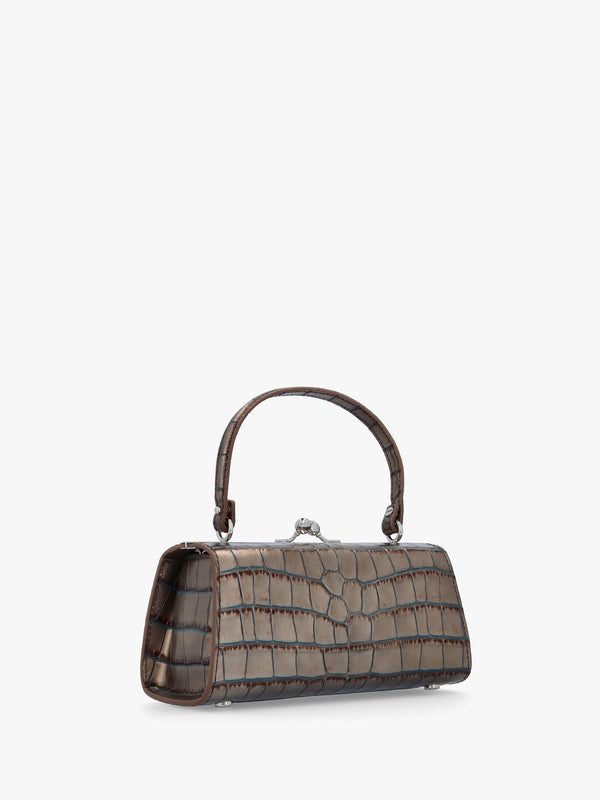 Extra Large Doll Frame Embossed Croc Brown Leather Purse Bag
