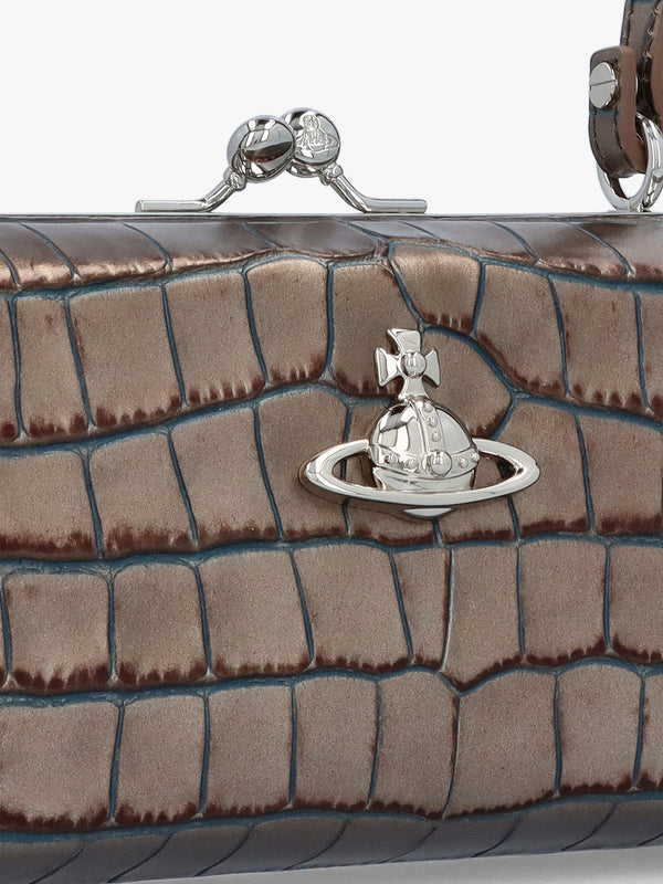 Extra Large Doll Frame Embossed Croc Brown Leather Purse Bag