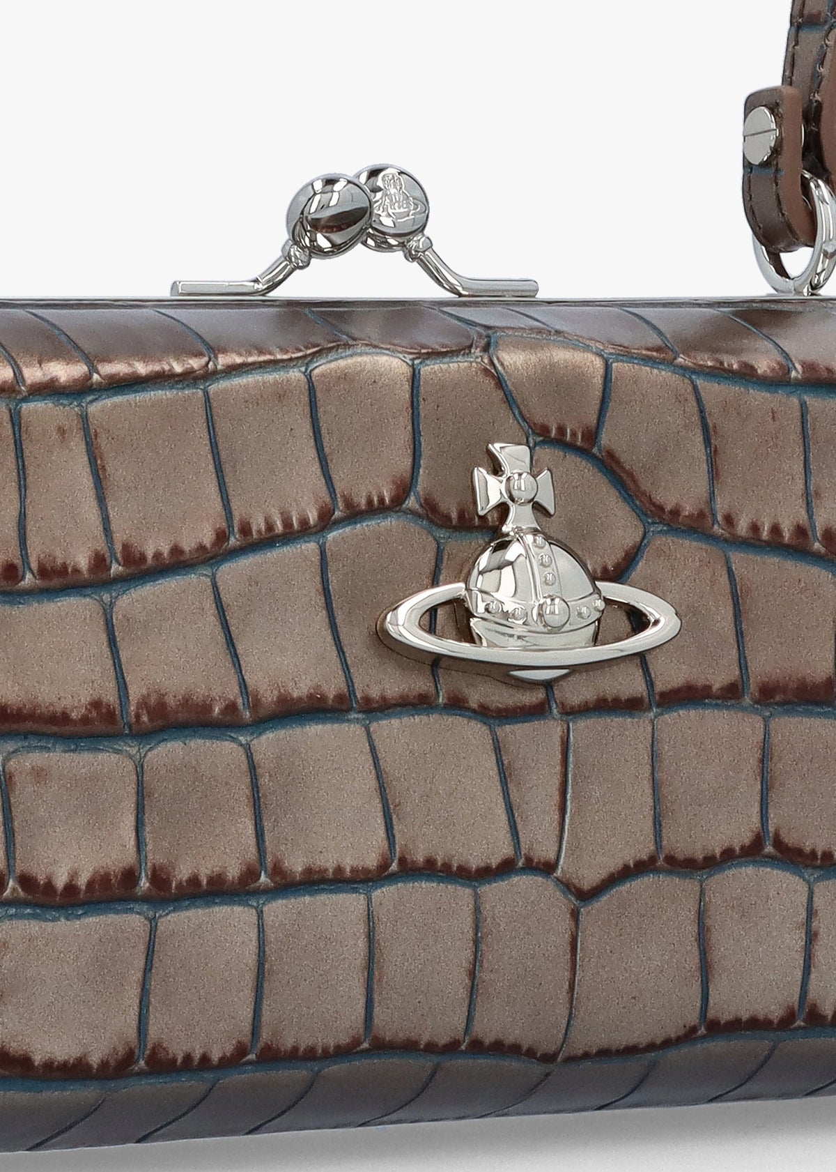 Extra Large Doll Frame Embossed Croc Brown Leather Purse Bag