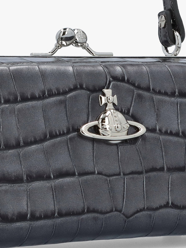 Extra Large Doll Frame Embossed Croc Anthracite Leather Purse Bag