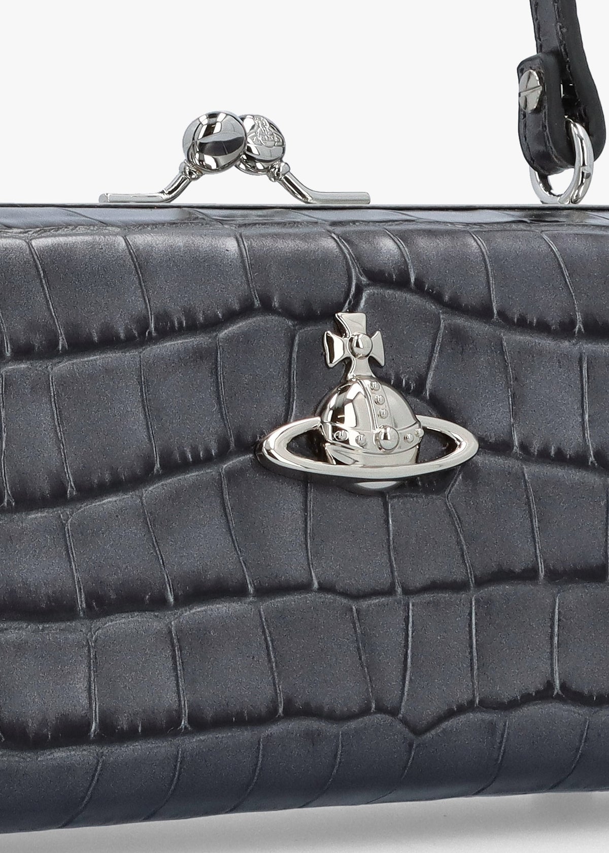 Extra Large Doll Frame Embossed Croc Anthracite Leather Purse Bag