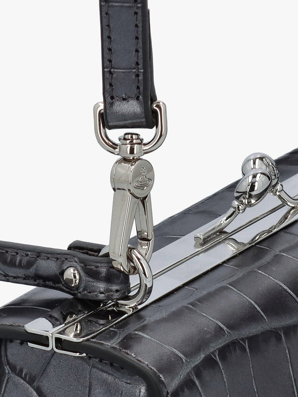 Extra Large Doll Frame Embossed Croc Anthracite Leather Purse Bag