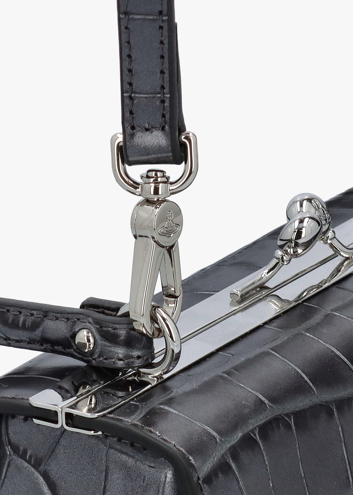 Extra Large Doll Frame Embossed Croc Anthracite Leather Purse Bag