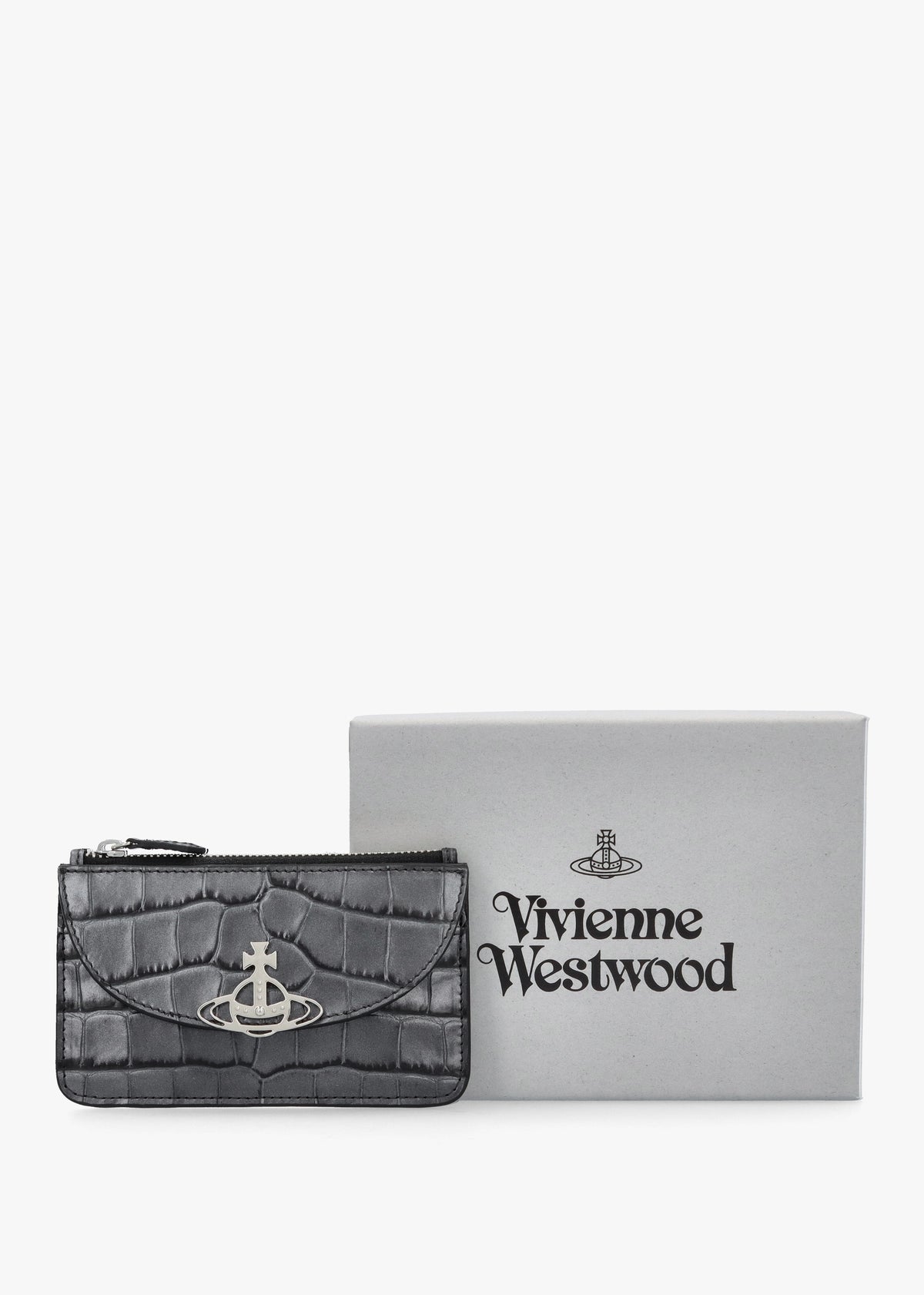 Half Moon Embossed Croc Anthracite Leather Card Holder