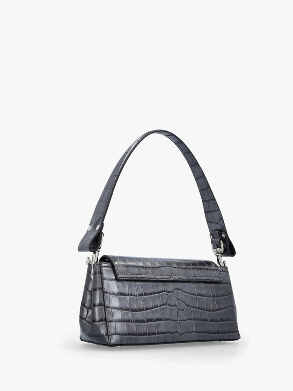 Medium Hazel Embossed Croc Anthracite Leather Shoulder Bag