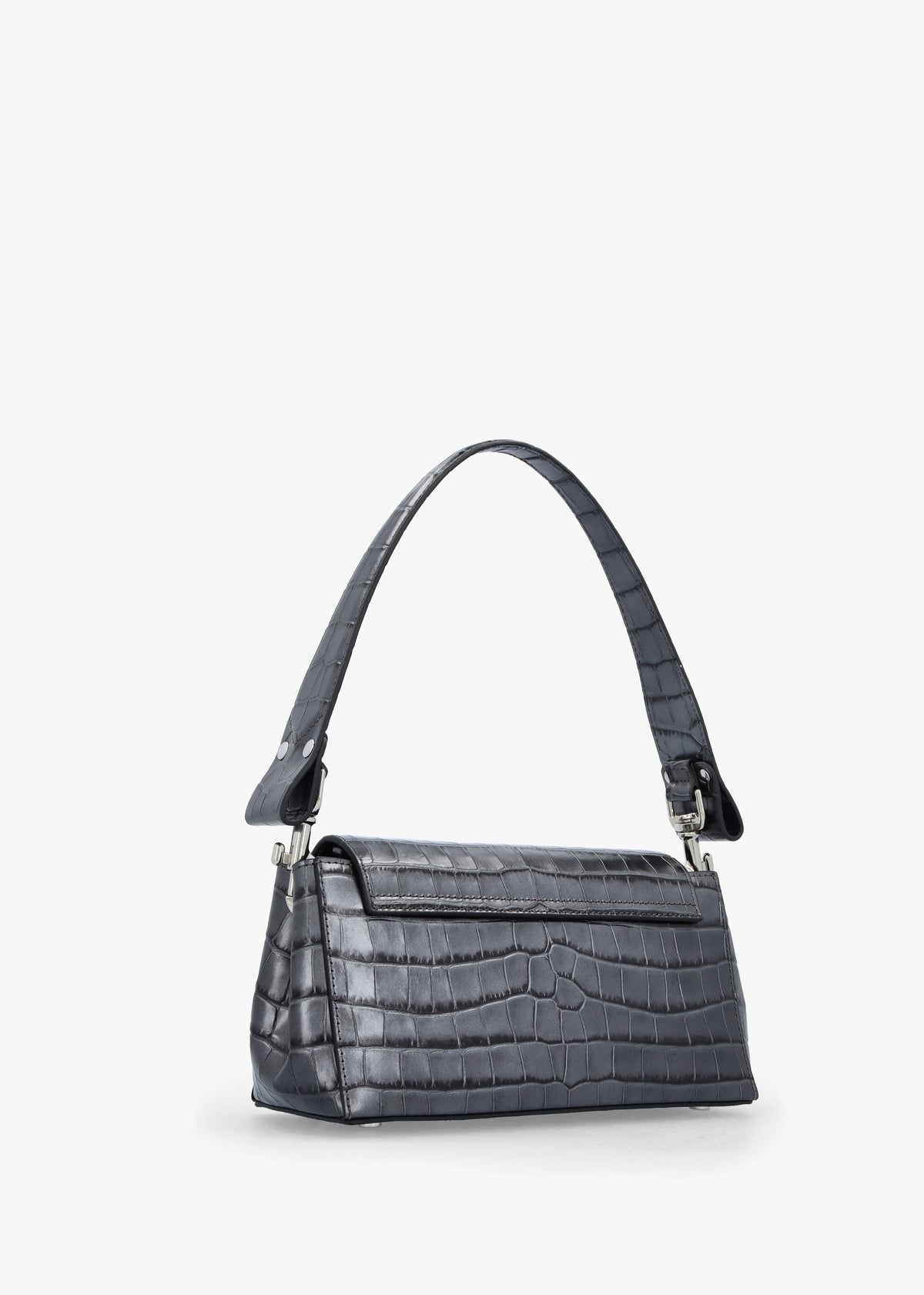 Medium Hazel Embossed Croc Anthracite Leather Shoulder Bag