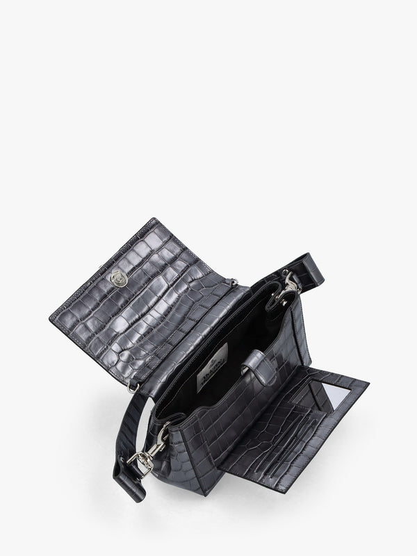 Medium Hazel Embossed Croc Anthracite Leather Shoulder Bag