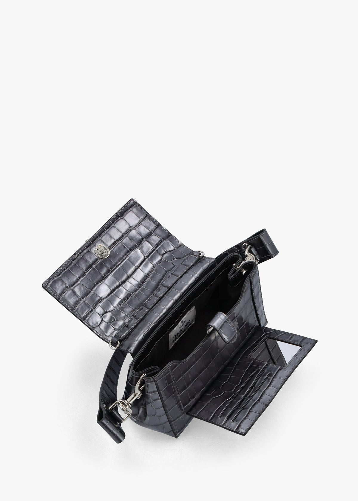 Medium Hazel Embossed Croc Anthracite Leather Shoulder Bag