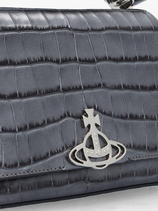 Medium Hazel Embossed Croc Anthracite Leather Shoulder Bag