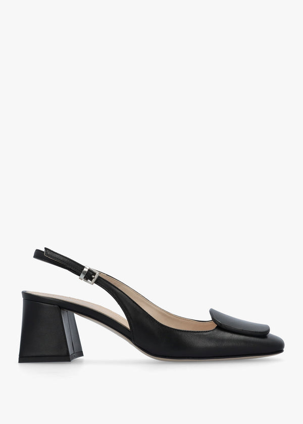 Nessie Black Patent Leather Block Heel Sling Backs