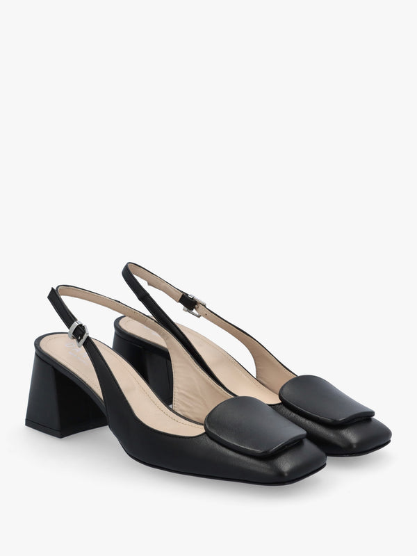 Nessie Black Patent Leather Block Heel Sling Backs