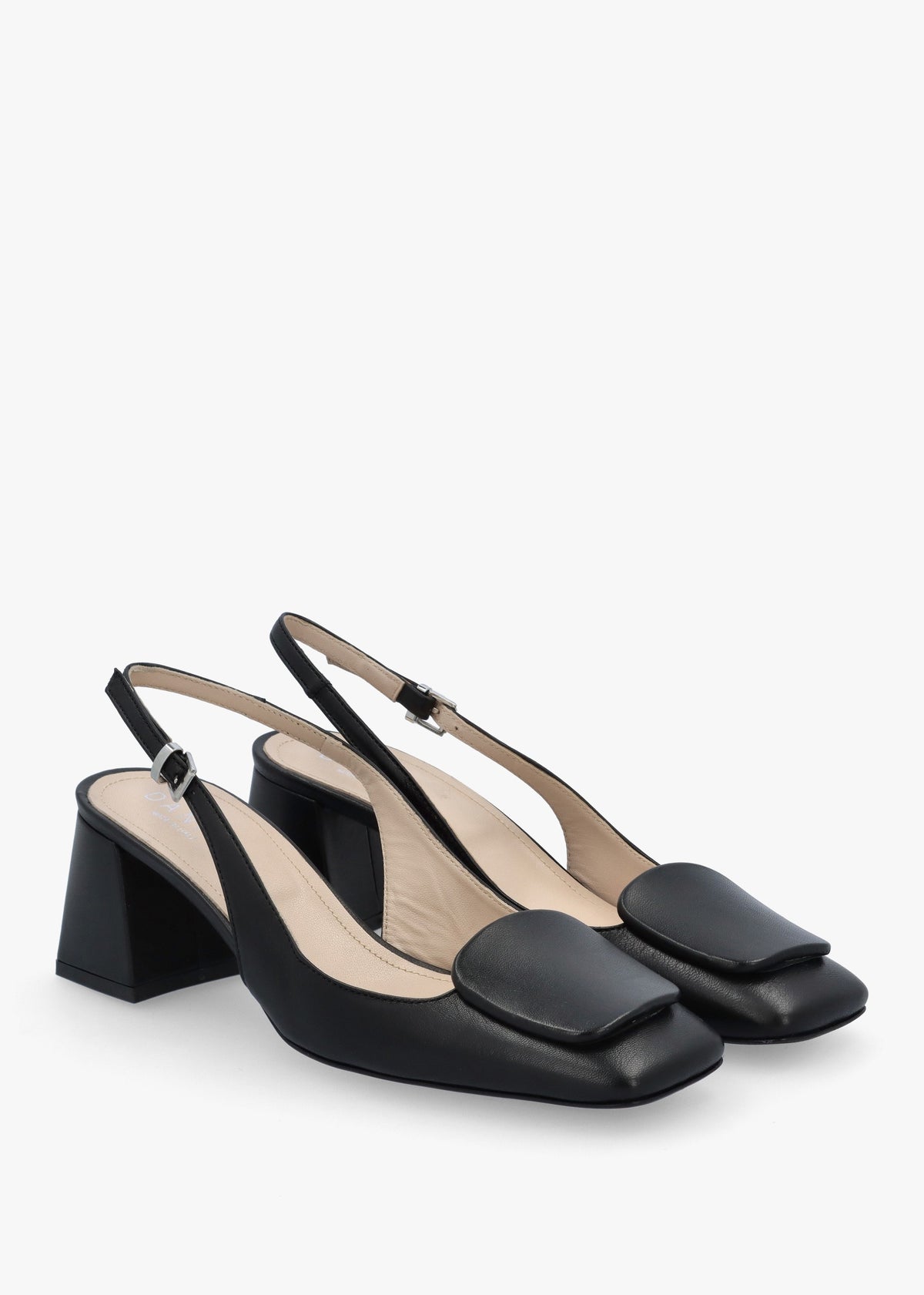 Nessie Black Patent Leather Block Heel Sling Backs