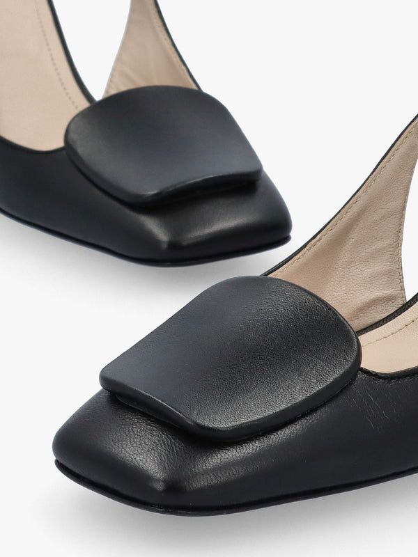 Nessie Black Patent Leather Block Heel Sling Backs