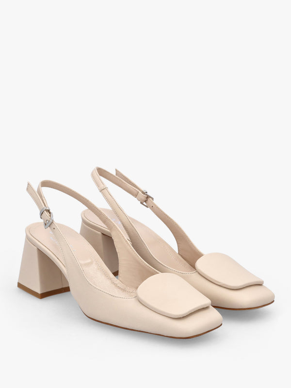 Nessie Cream Leather Block Heel Sling Backs