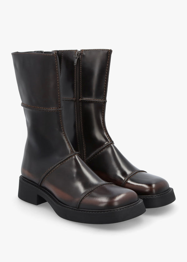 Dahlia Dark Brown Leather Square Toe Calf Boots