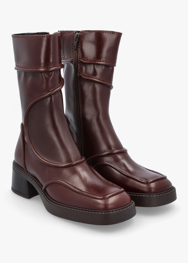 Malene New Brown Leather Block Heel Calf Boots
