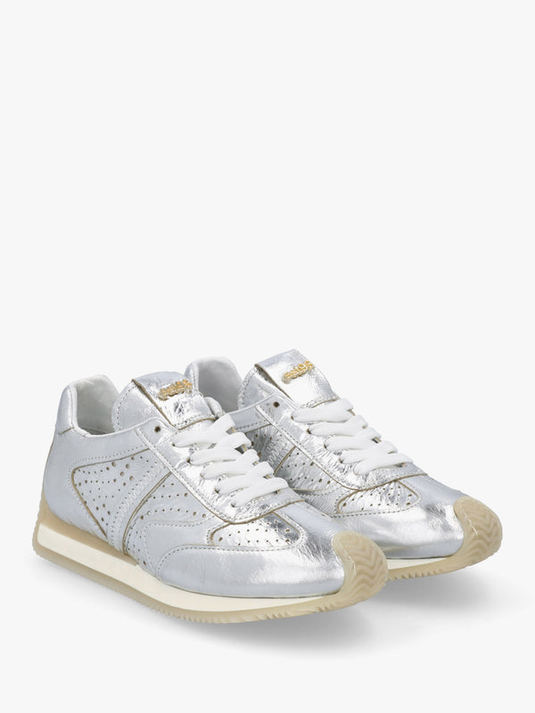 Mated Silver Leather Perforated Runner Trainers