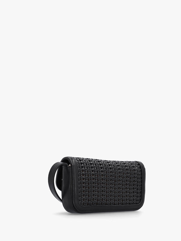 Woven Mini Black Leather Cross-Body Bag