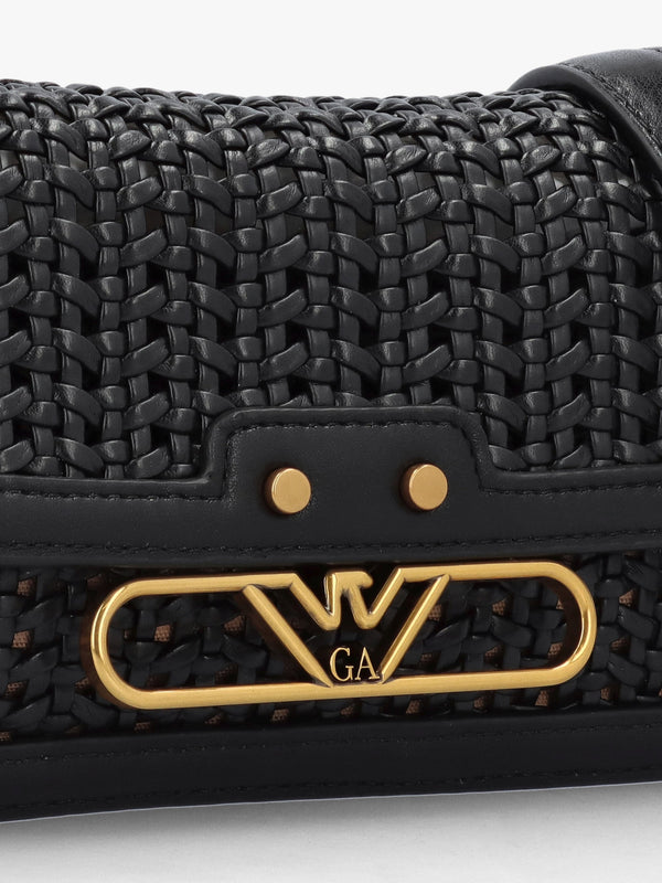 Woven Mini Black Leather Cross-Body Bag