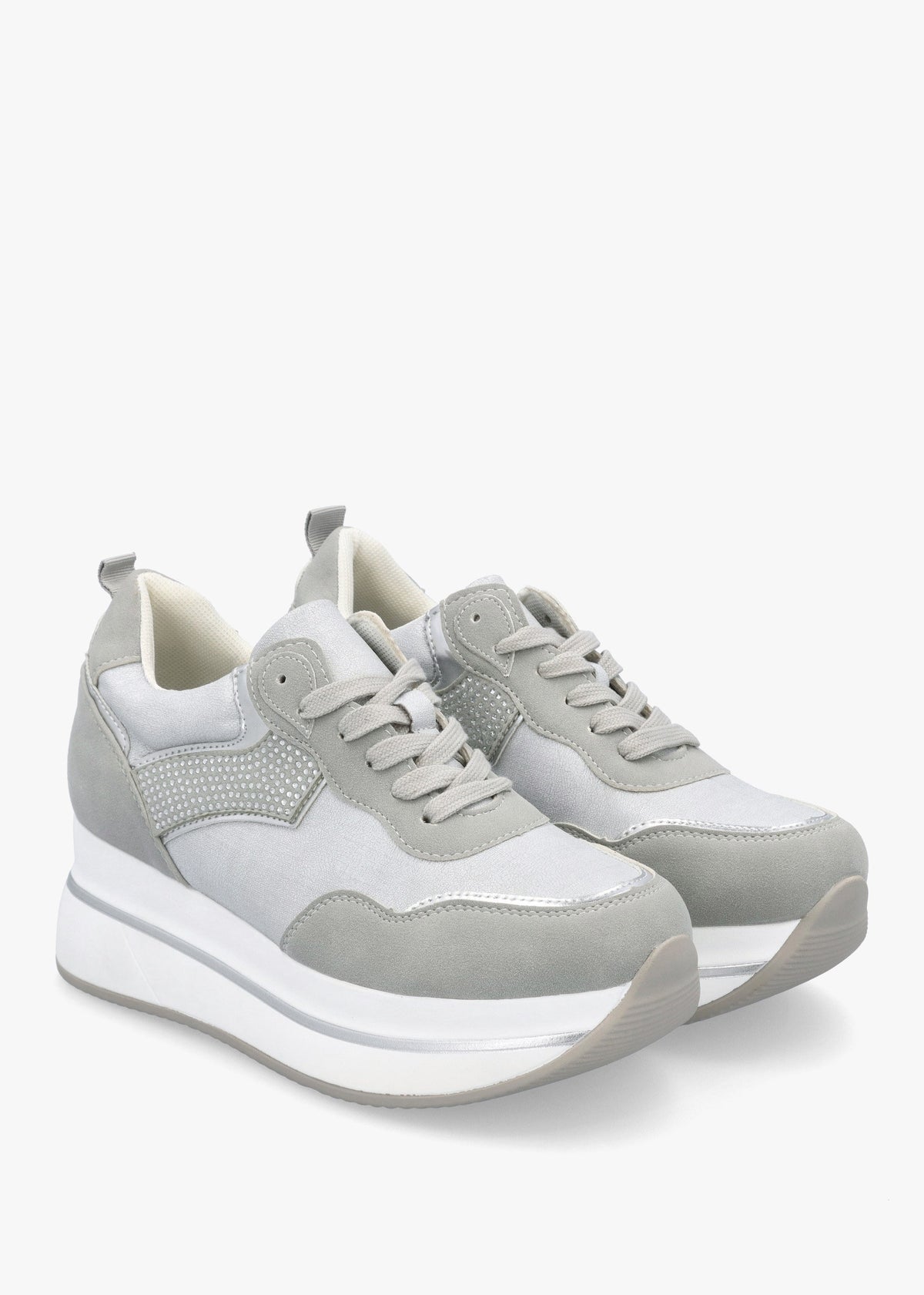 Clarina Grey Crystal Embellished Flatform Trainers