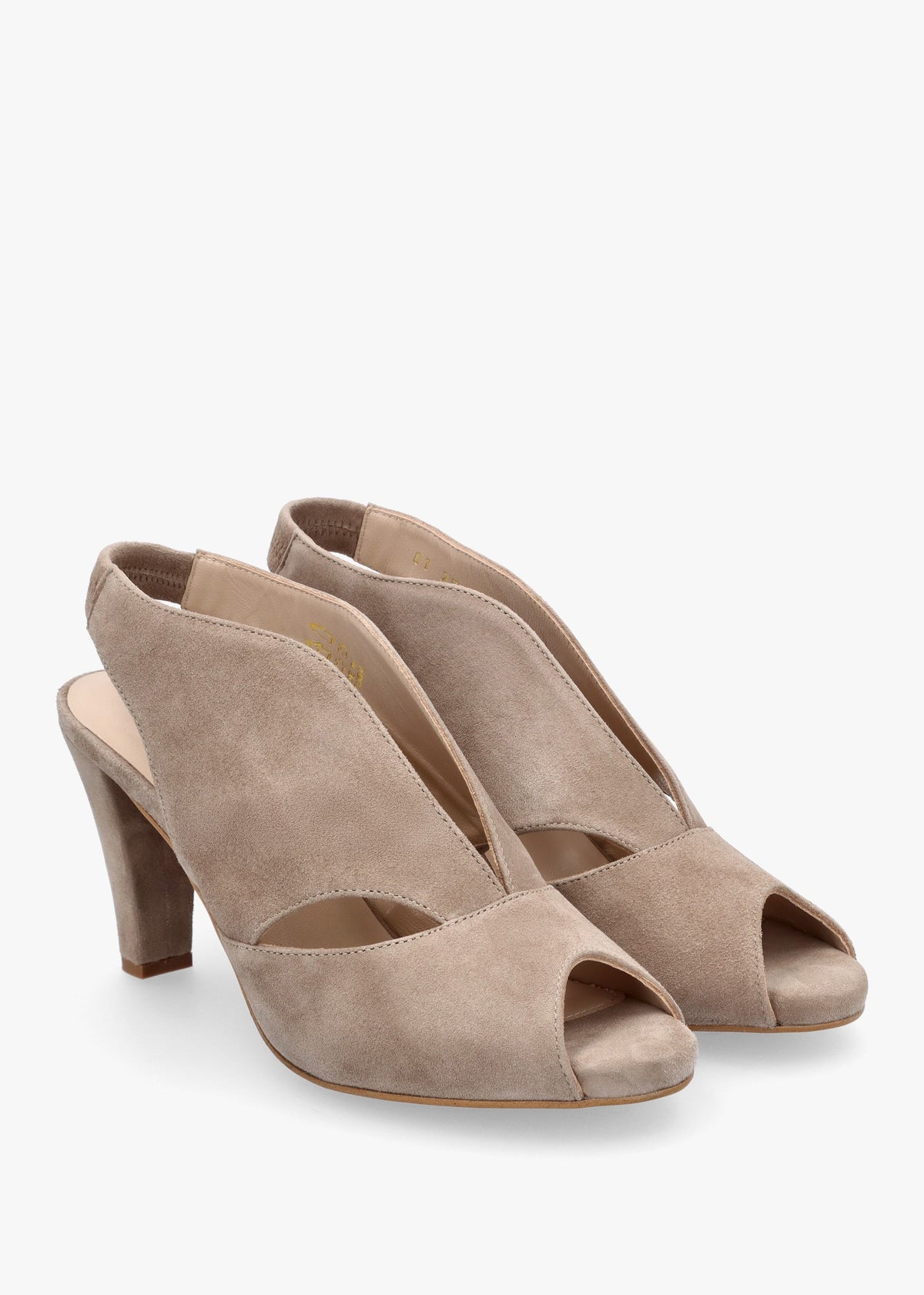 Calencia Taupe Suede Asymmetric Block Heel Sandals