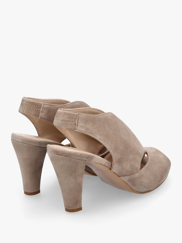 Calencia Taupe Suede Asymmetric Block Heel Sandals