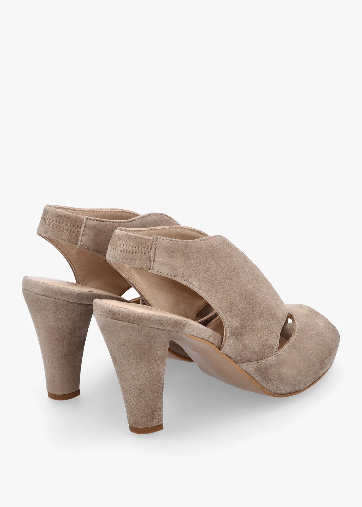 Calencia Taupe Suede Asymmetric Block Heel Sandals