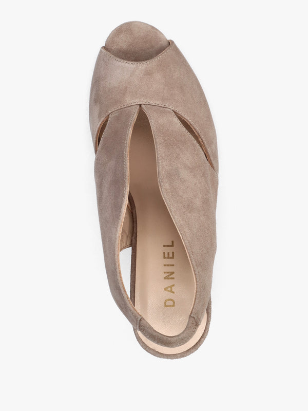 Calencia Taupe Suede Asymmetric Block Heel Sandals