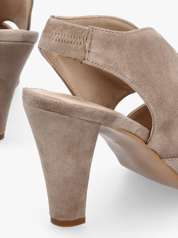 Calencia Taupe Suede Asymmetric Block Heel Sandals