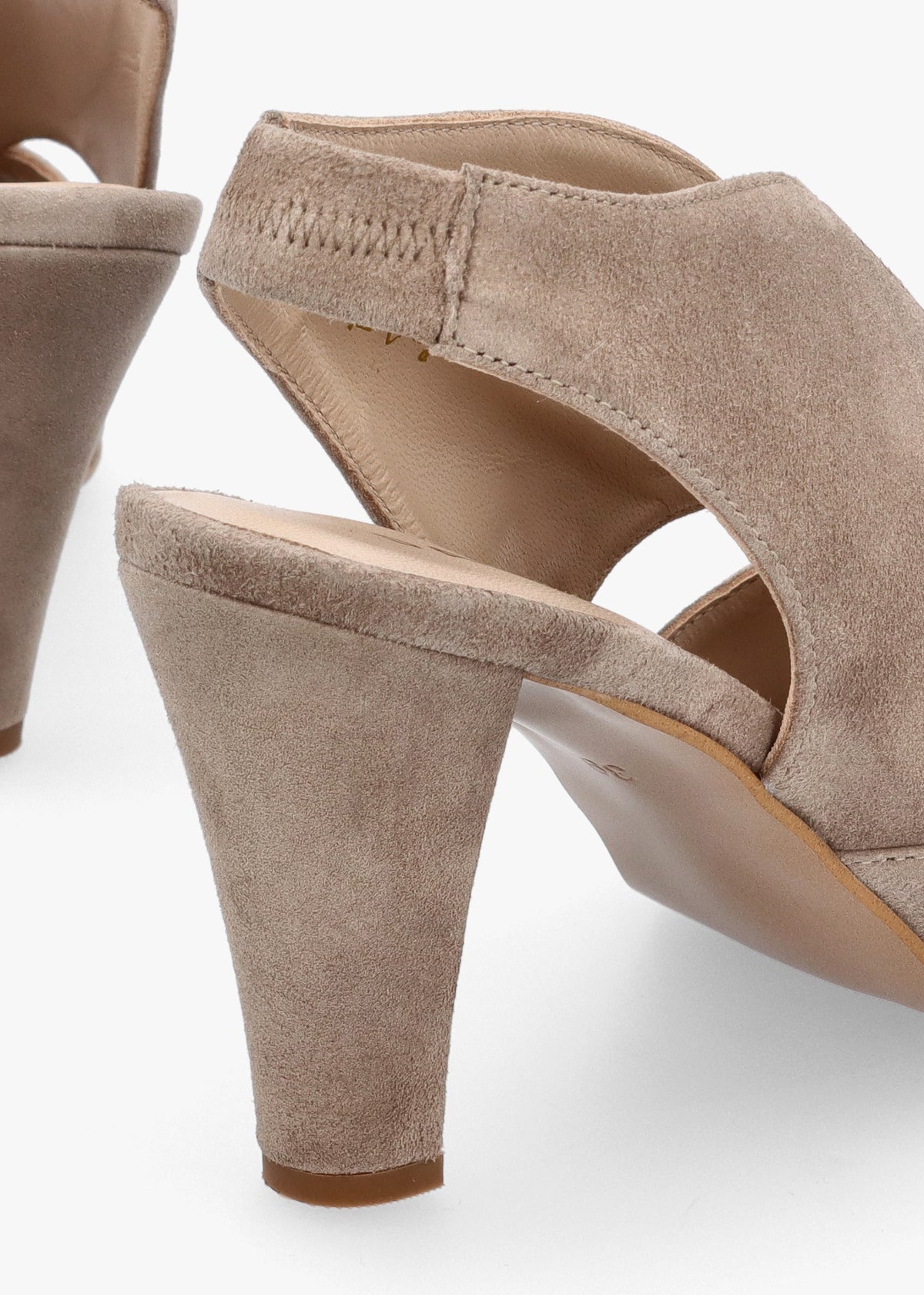 Calencia Taupe Suede Asymmetric Block Heel Sandals