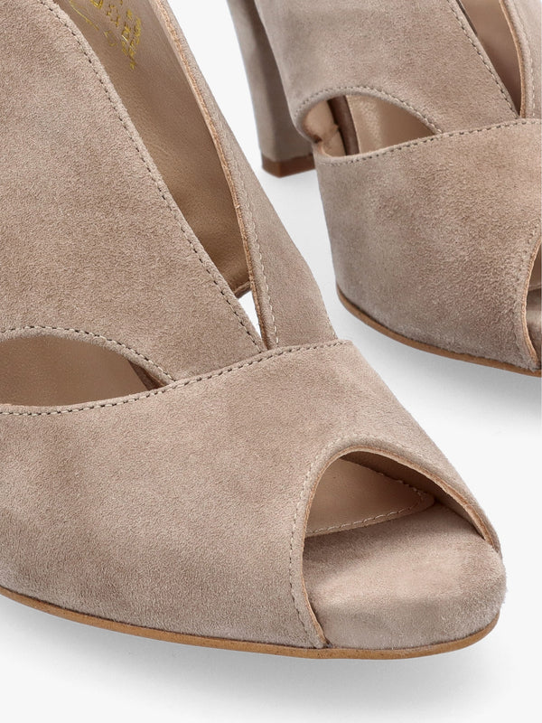 Calencia Taupe Suede Asymmetric Block Heel Sandals