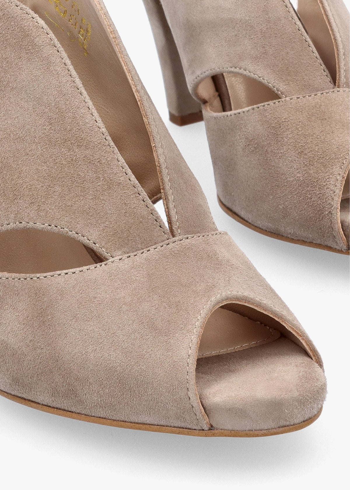 Calencia Taupe Suede Asymmetric Block Heel Sandals