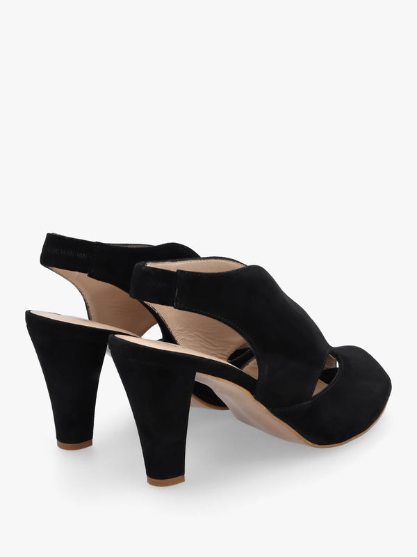 Calencia Black Suede Asymmetric Block Heel Sandals