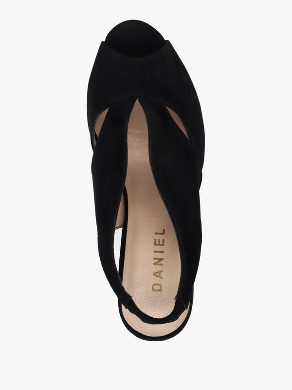 Calencia Black Suede Asymmetric Block Heel Sandals