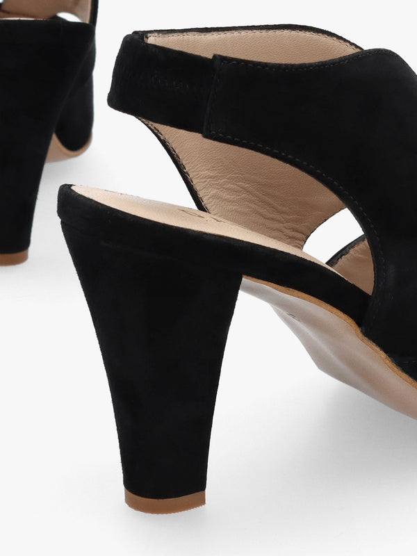 Calencia Black Suede Asymmetric Block Heel Sandals